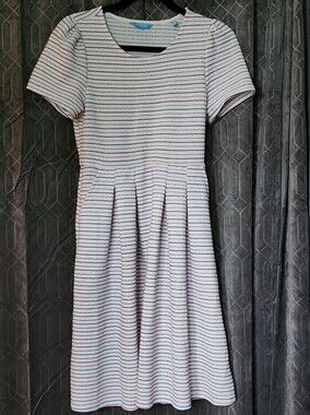 Draper James Striped Short Fit-and-Flare Dress - White with Navy & Red Stripes